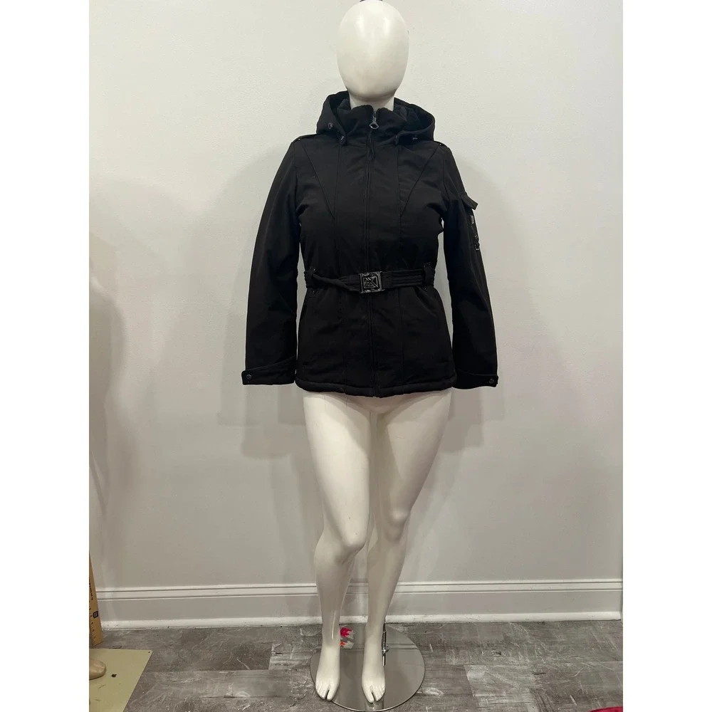ZX BLK Label Coat Jacket Womens Medium Black Belted Softshell Hooded Ski Parka
